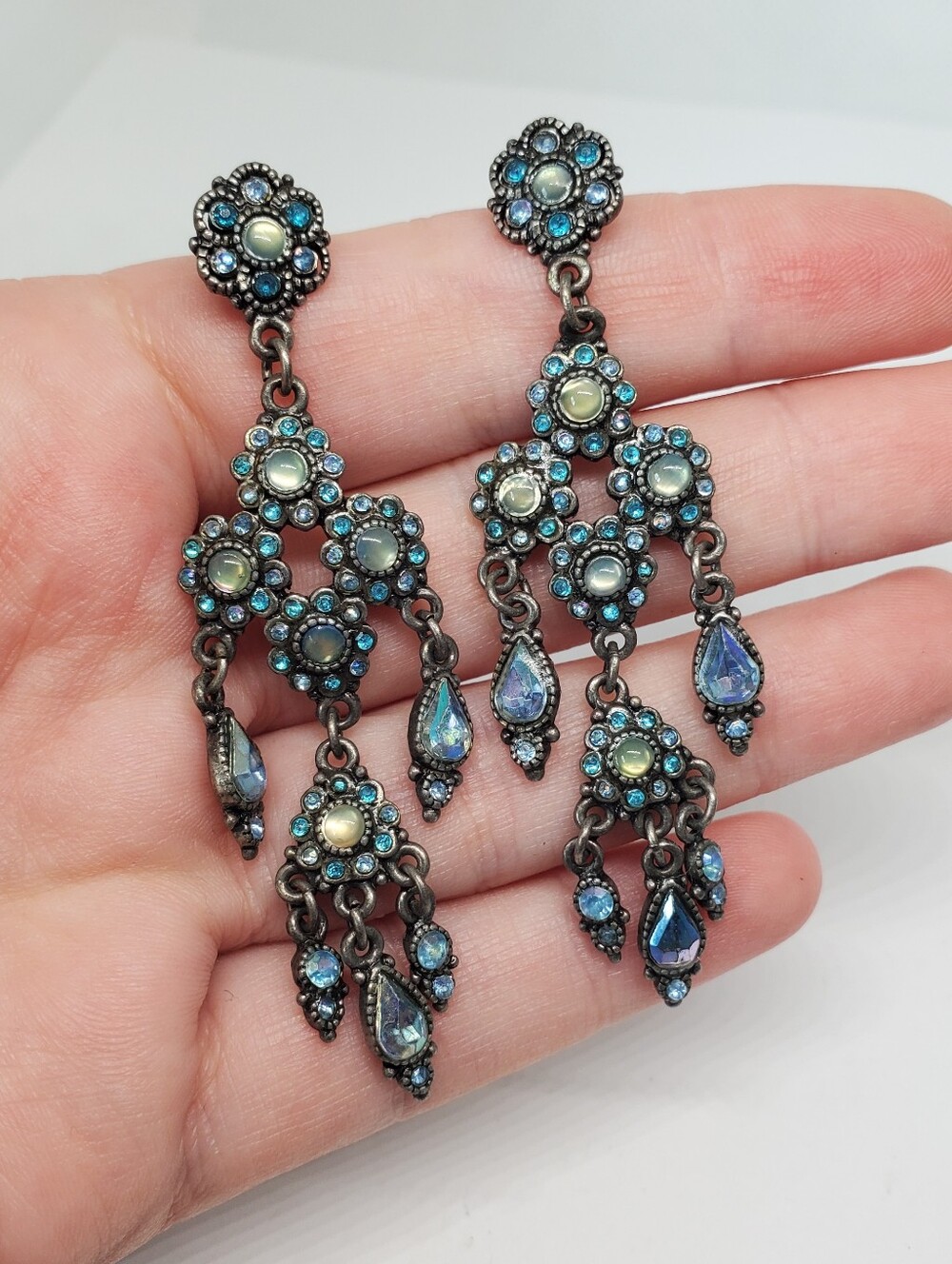 Vintage Laila Rowe Gunmetal Iridescent Blue Green Chandelier Earrings